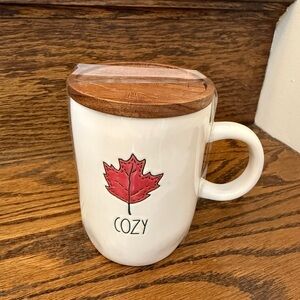 Rae Dunn Cozy Mug with Red Leaf and Wooden Lid